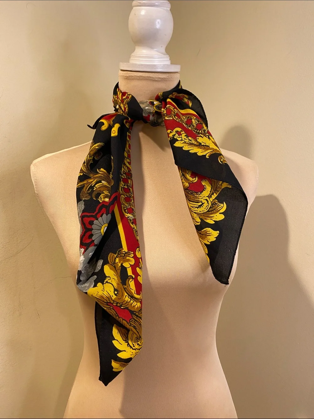 Baroque Print Satin Scarf in Black, Red & Gold